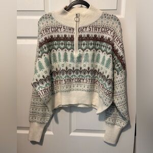 Half-Zip Turtleneck Sweater - Cream, Brown, Green